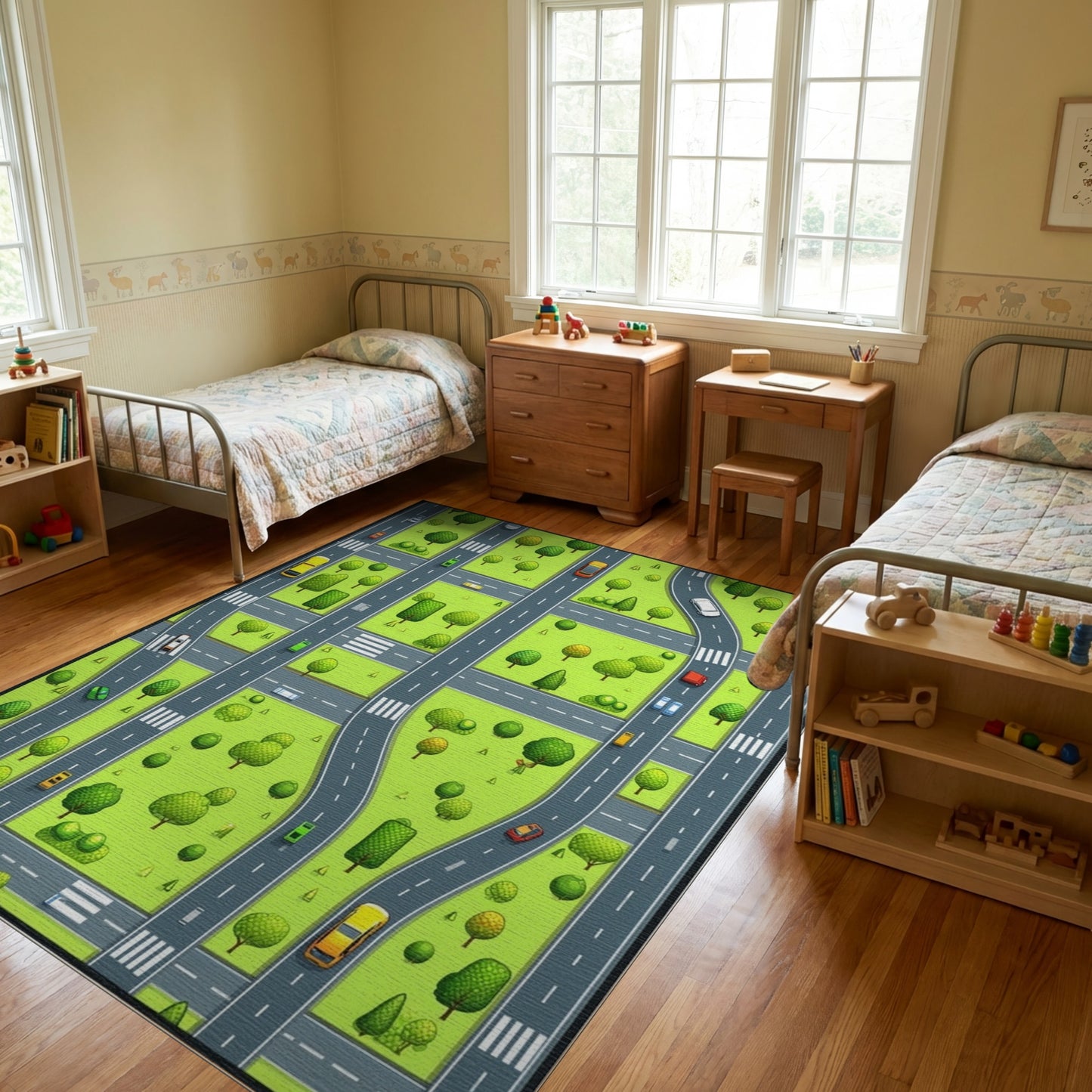 Vibrant City Roads Trees Cars Rug