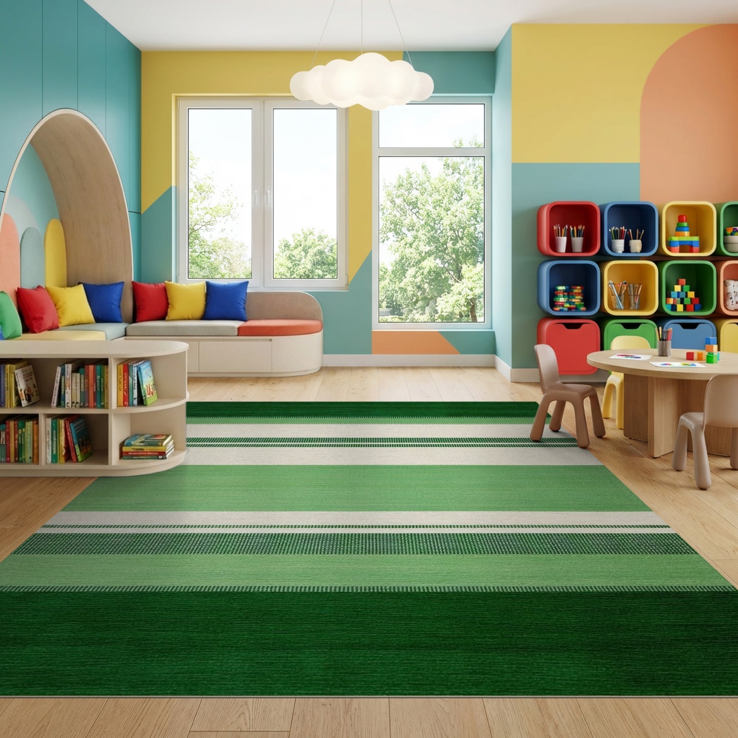 Vibrant Green and Cream Striped Rug