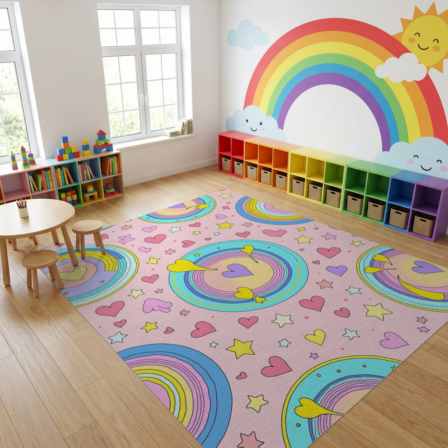 Whimsical Rainbow Hearts Stars Circles Rug