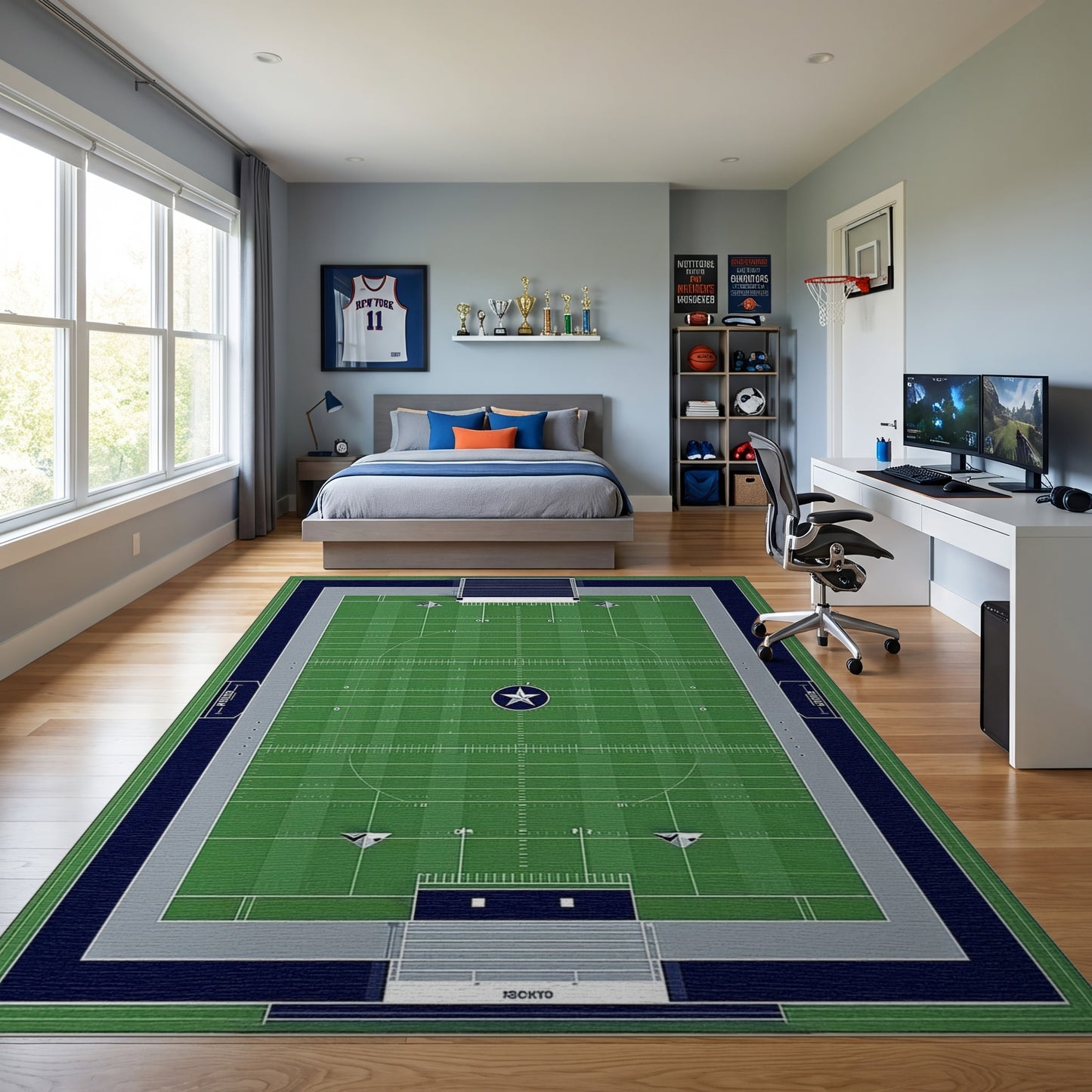 Green Navy Star Football Field Rug