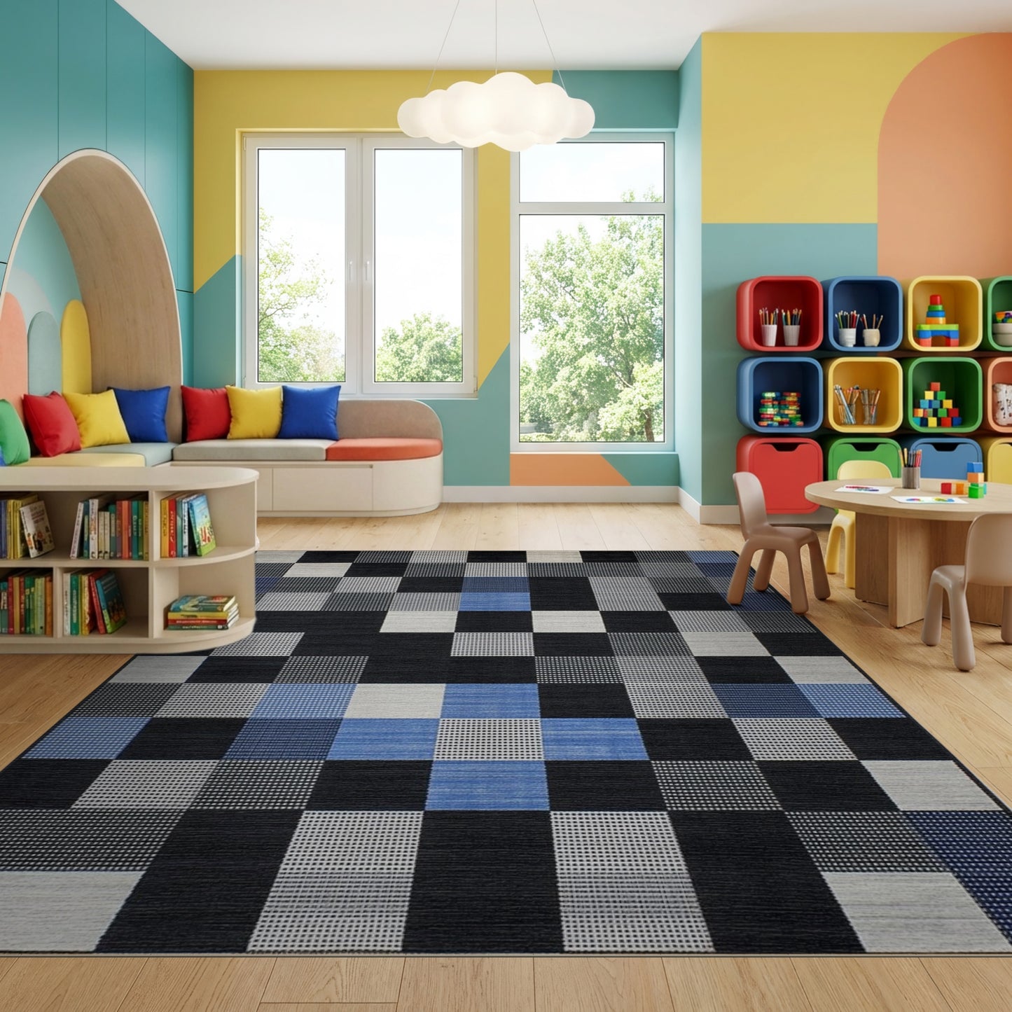 Modern Black White Blue Checkered Patchwork Rug