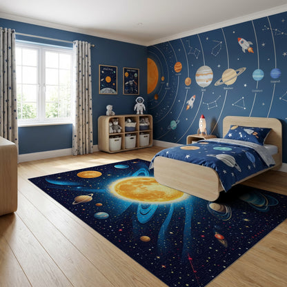 Vibrant Golden Cosmic Planets Stars Rug