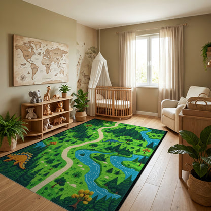 Whimsical Dinosaur Forest Path River Rug