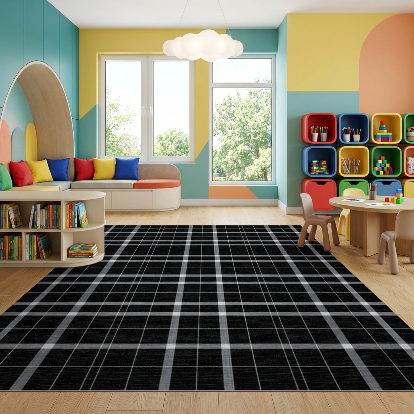 Modern Black Gray Grid Rug