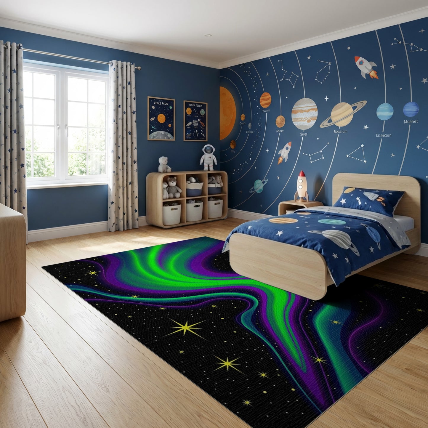 Neon Aurora Waves Starry Rug