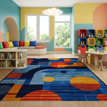 Modern Navy Orange Geometric Circles Rug
