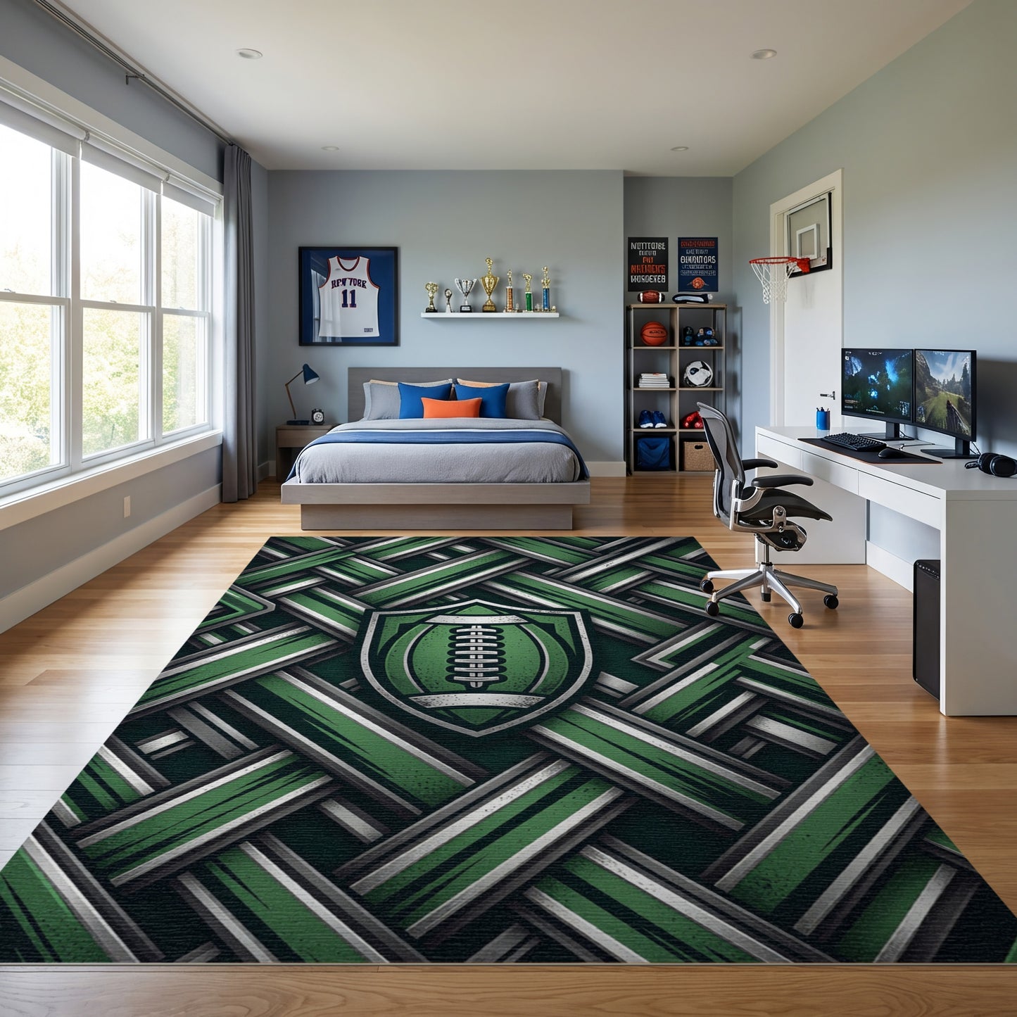 Green Silver Woven Football Shield Rug