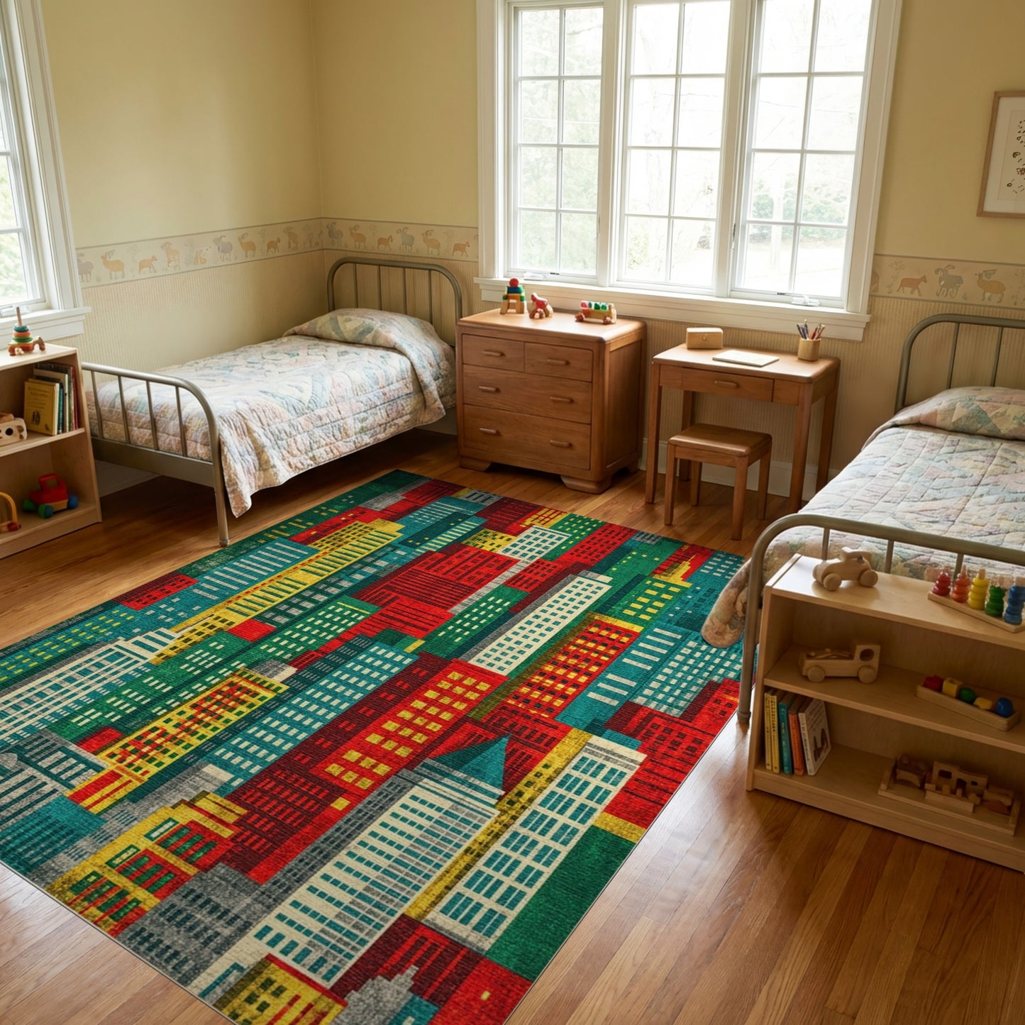 Vibrant Red Teal City Skyline Rug