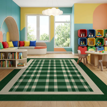 Green and White Checkered Border Rug
