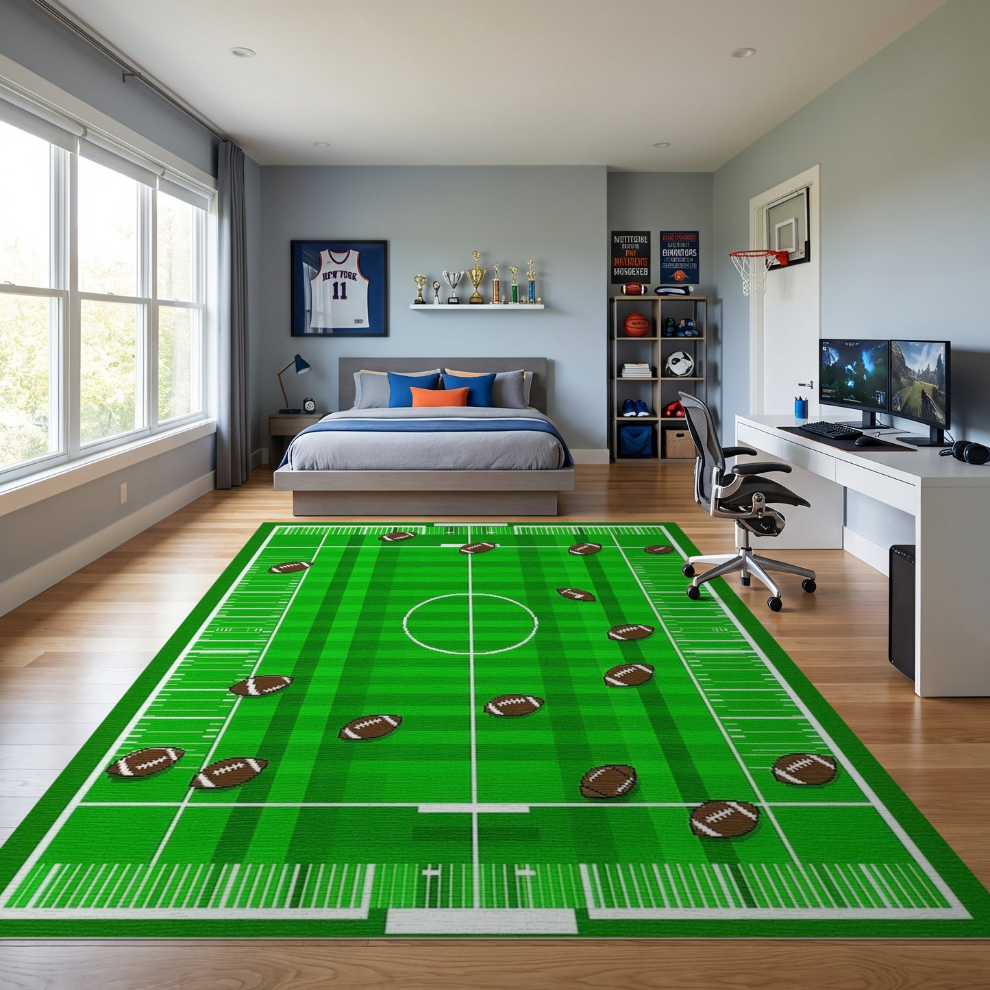 Green Scattered Footballs Gridiron Pattern Rug