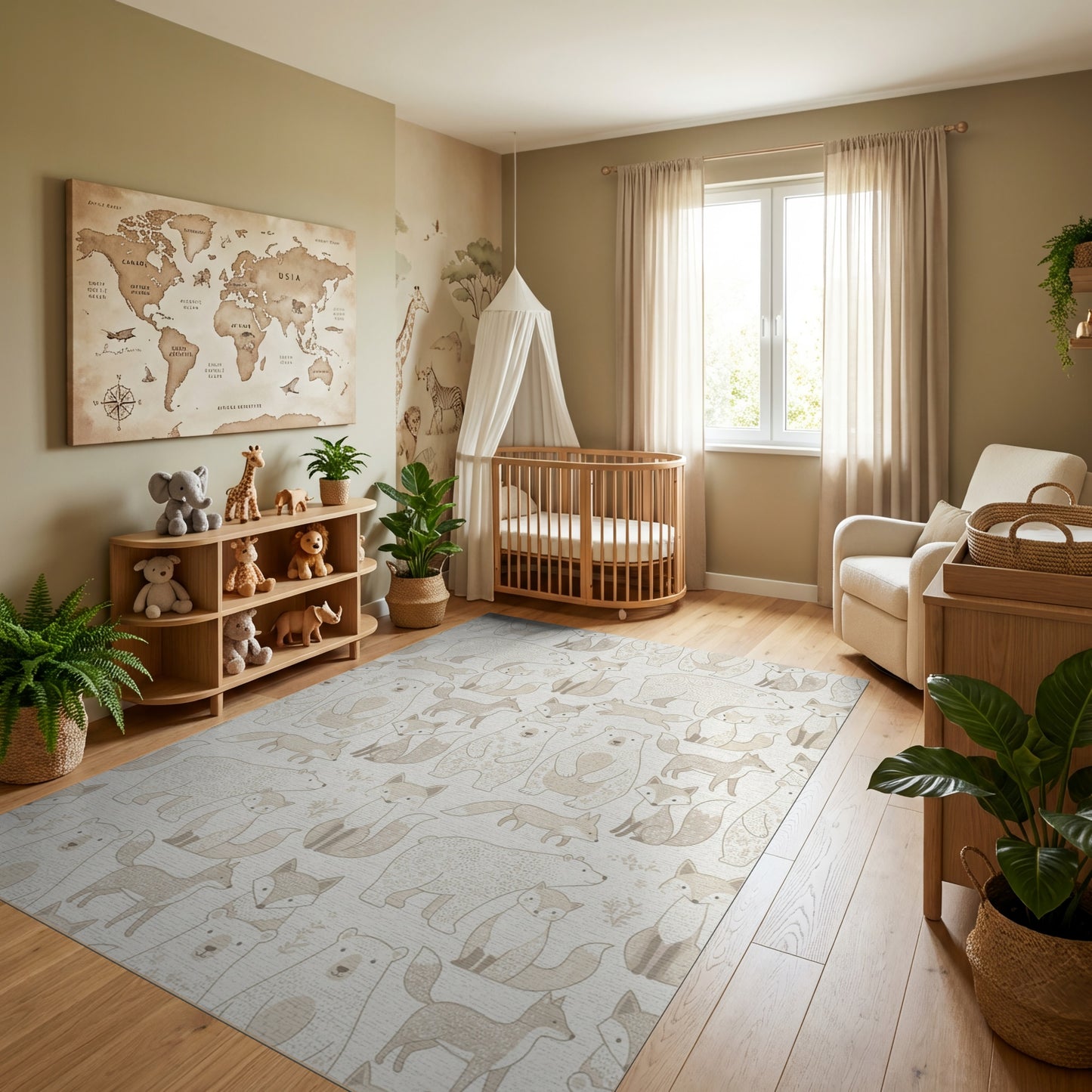 Whimsical Beige Fox Polar Bear Rug