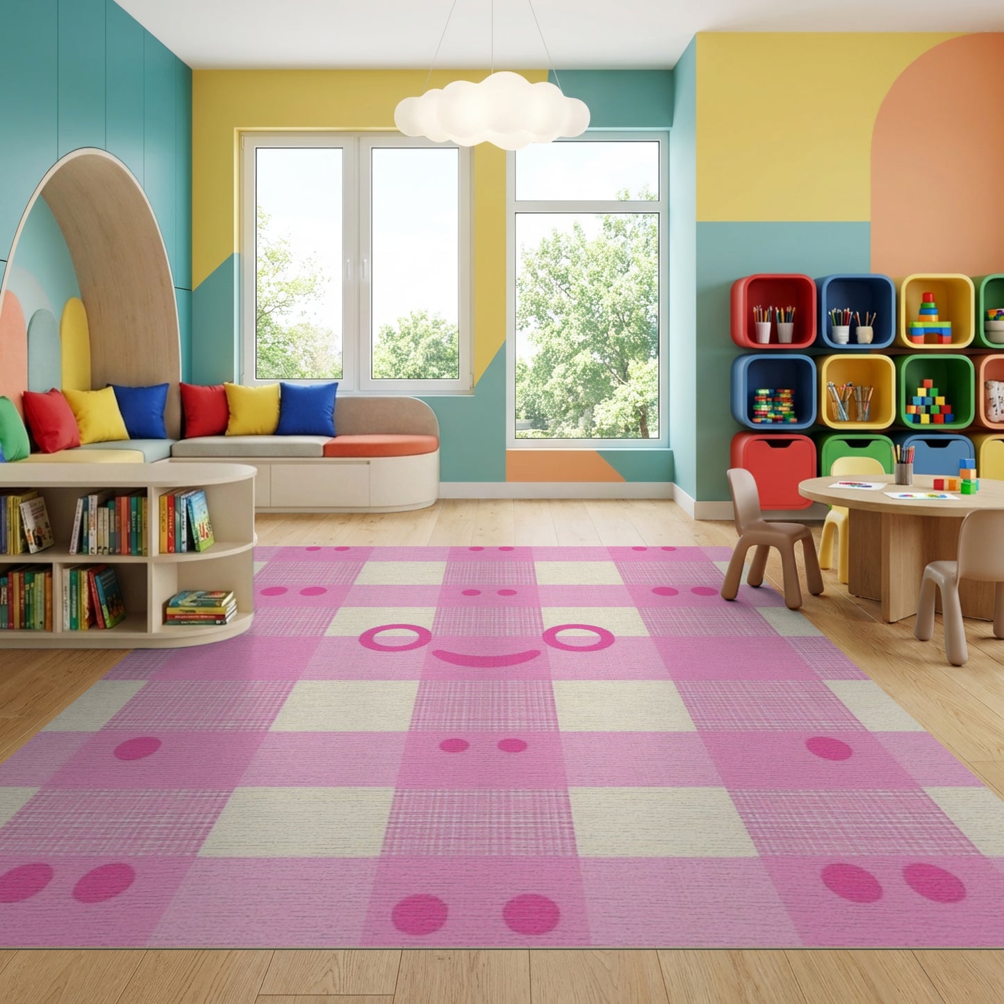 Pink White Gingham Kawaii Faces Rug