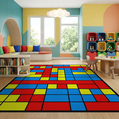 Bold Red Blue Yellow Geometric Rug