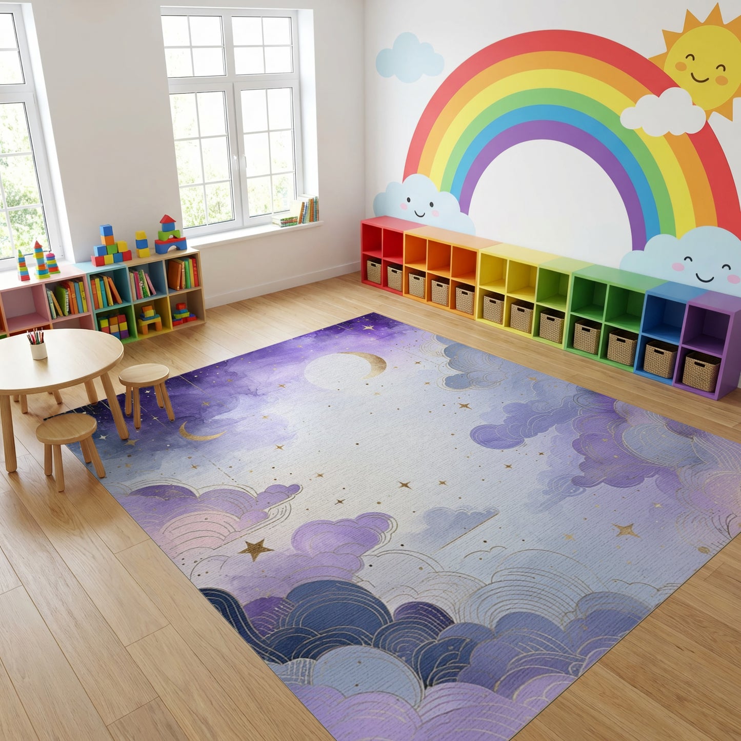 Dreamy Purple Clouds Stars Golden Moons Rug