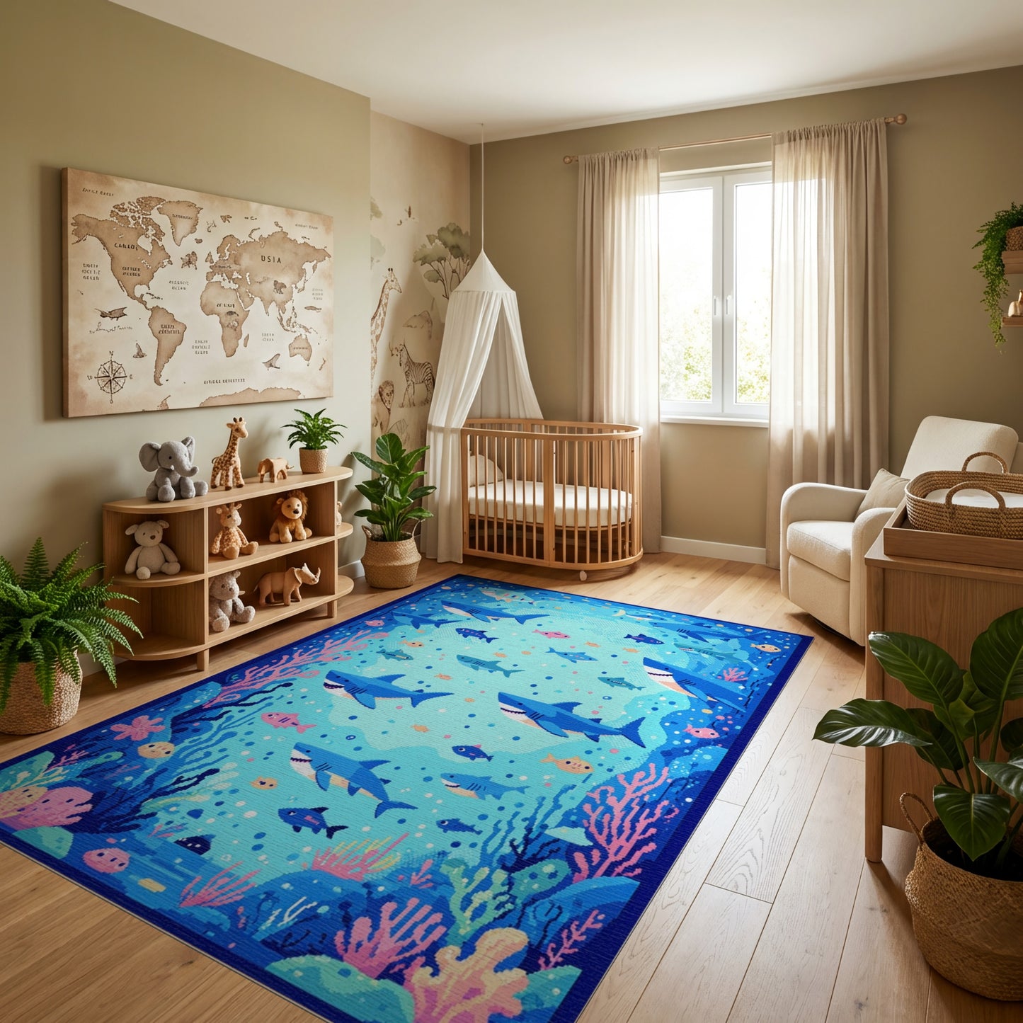 Vibrant Blue Sharks Coral Fish Rug