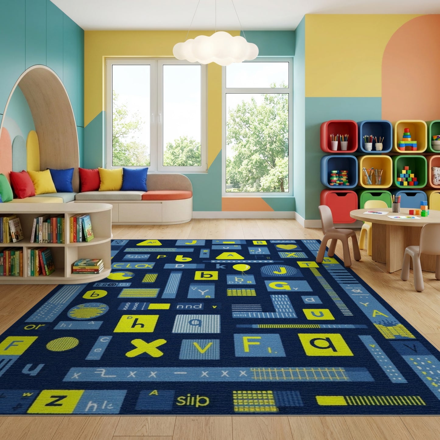 Playful Yellow Blue Alphabet Collage Rug