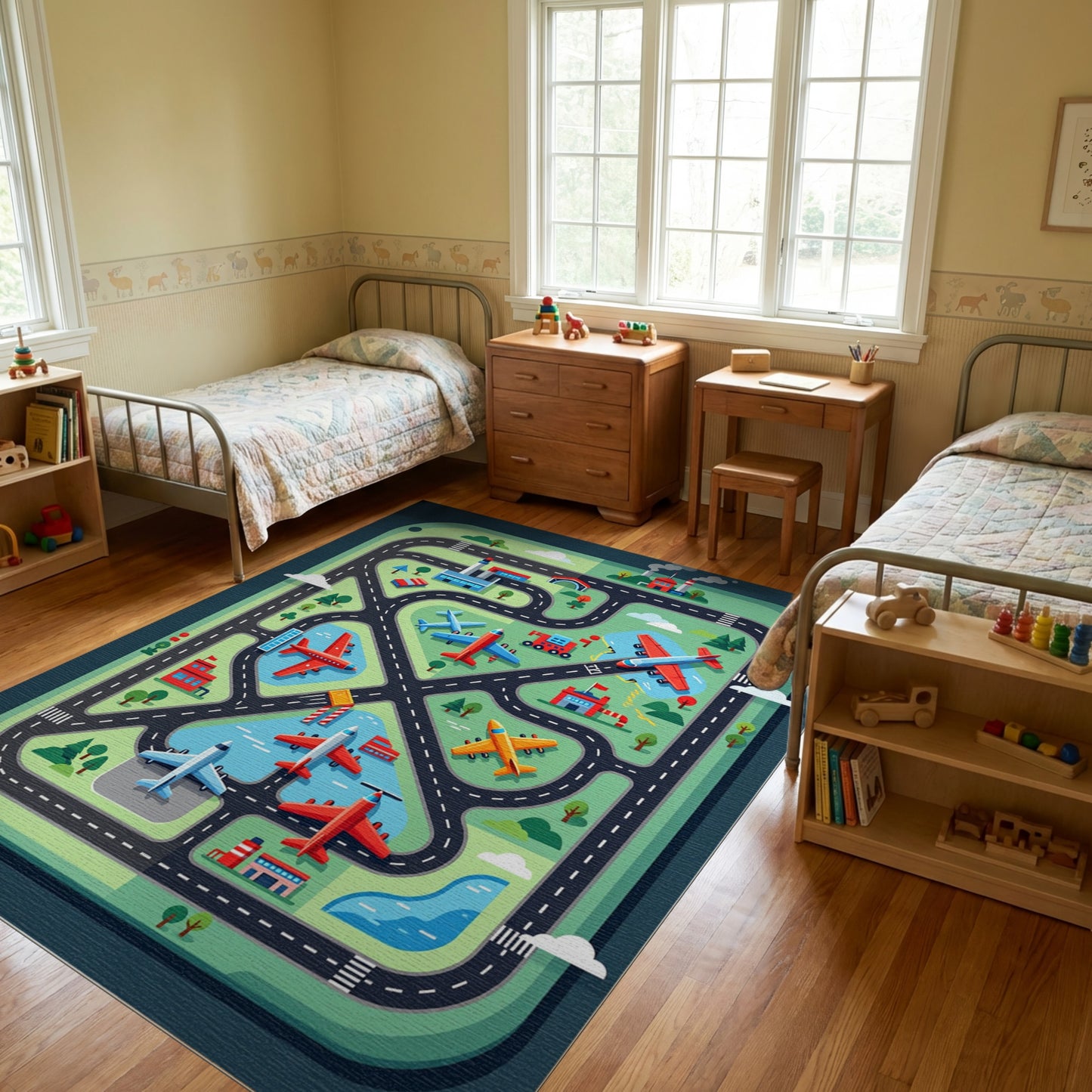 Playful Green Airplanes Roads City Rug