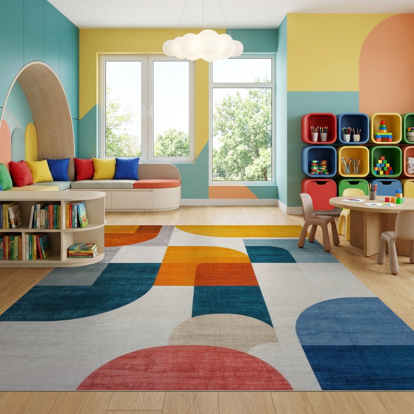 Modern Teal Orange Geometric Abstract Rug