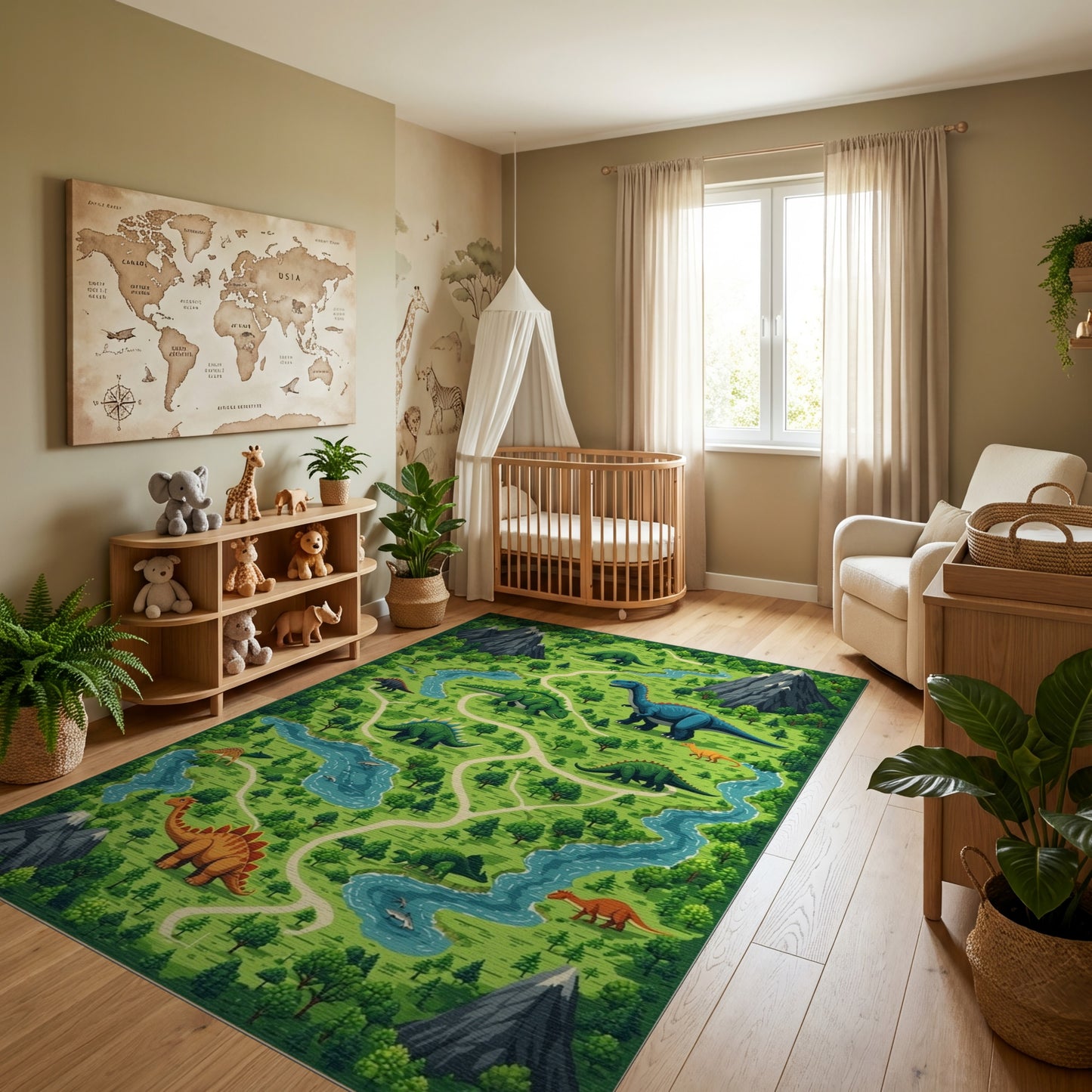 Whimsical Dinosaur Mountain Forest River Rug