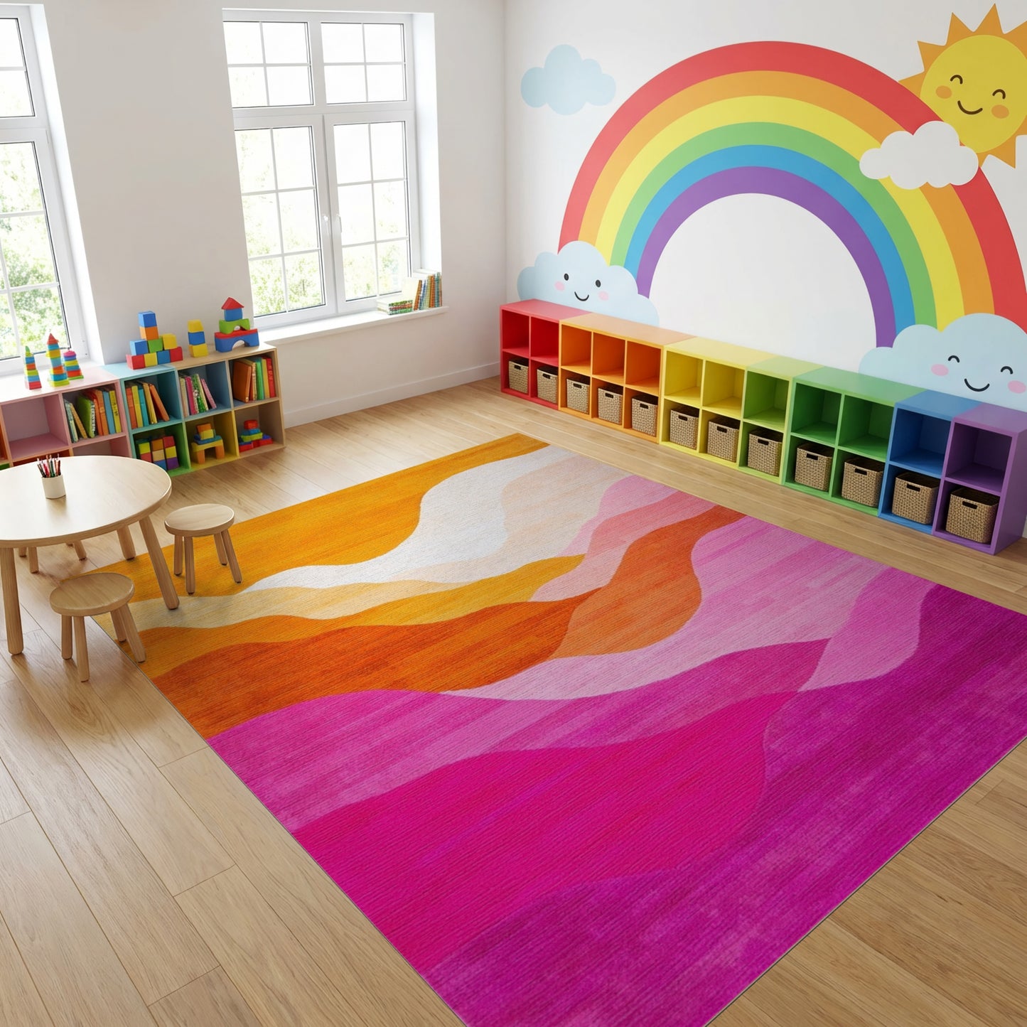 Modern Layered Wavy Orange Pink Rug