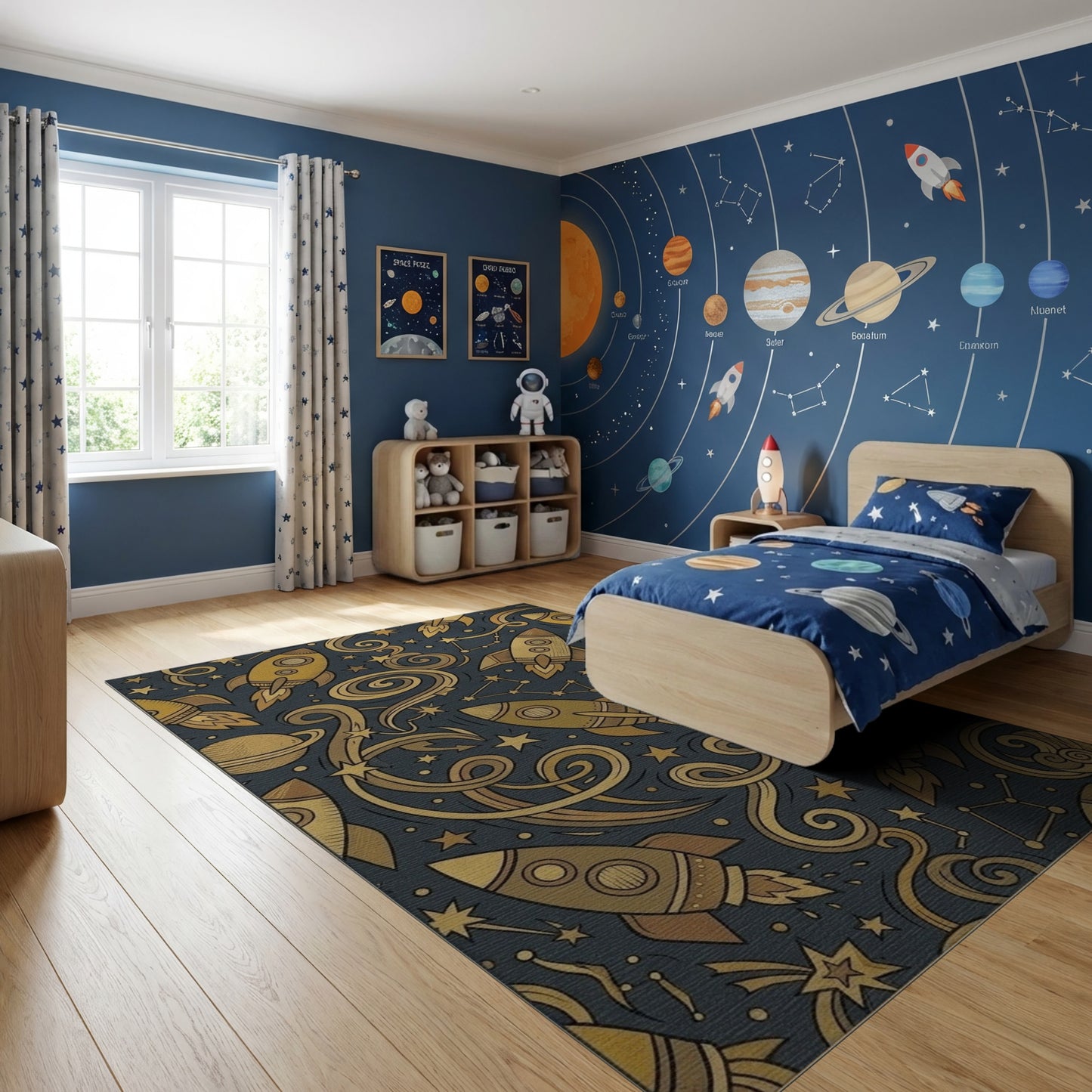 Cosmic Golden Rockets Swirling Stars Rug