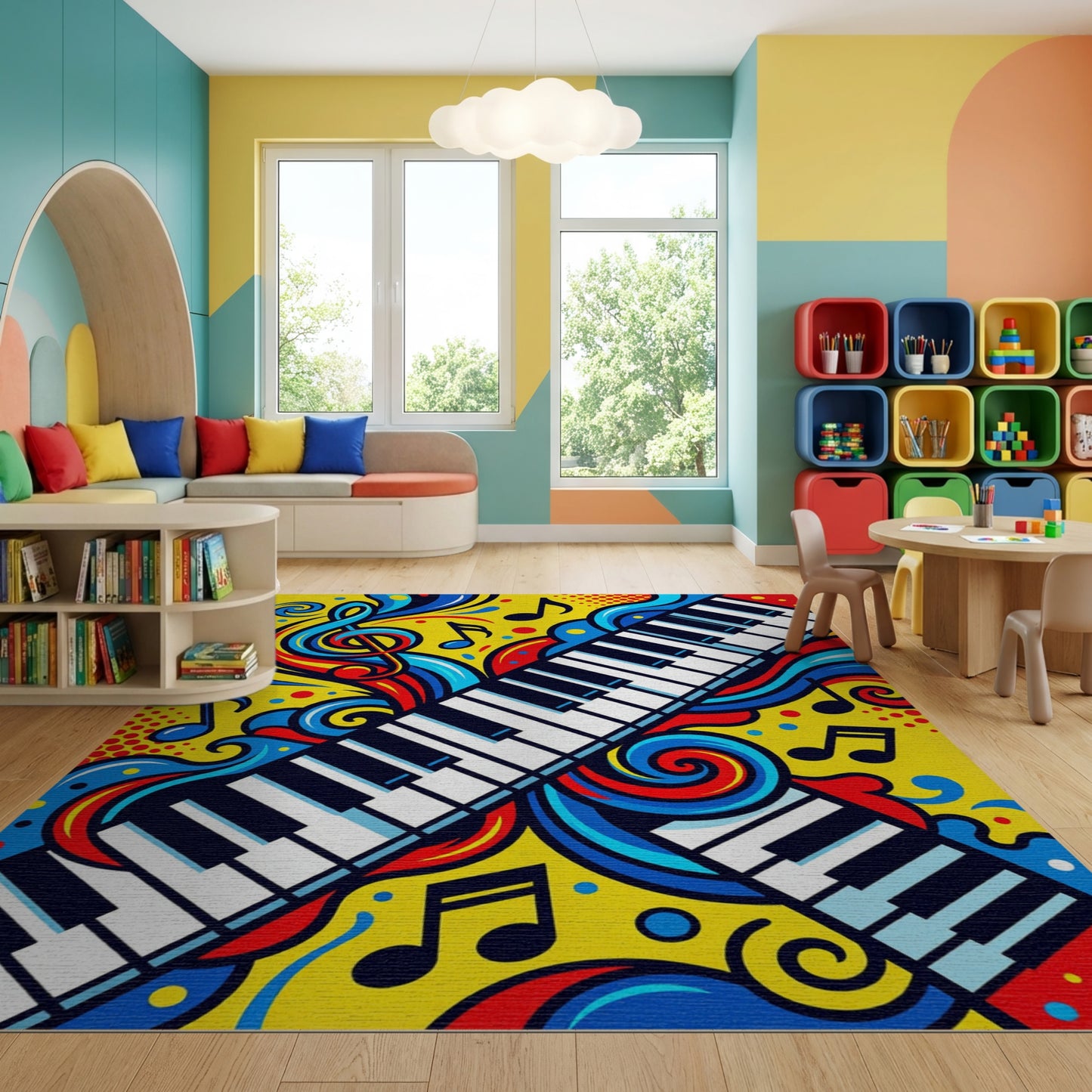 Vibrant Musical Piano Swirls Notes Rug