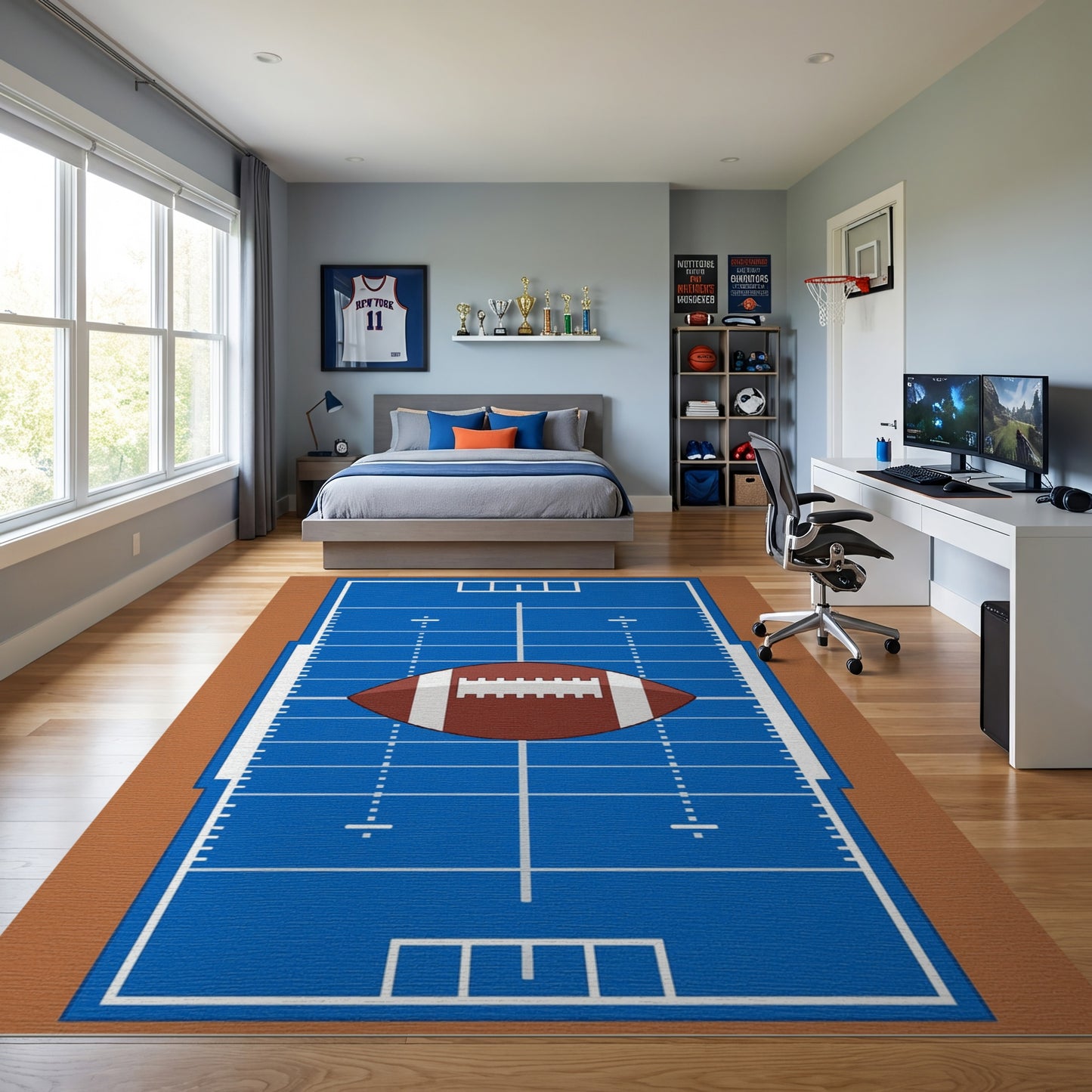 Central Football Blue Field Rug