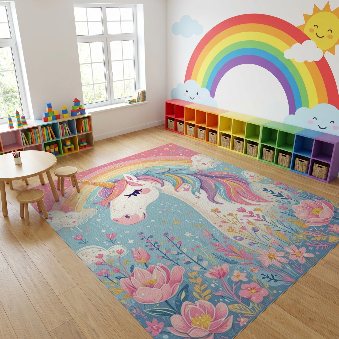 Whimsical Unicorn Rainbow Floral Stars Rug