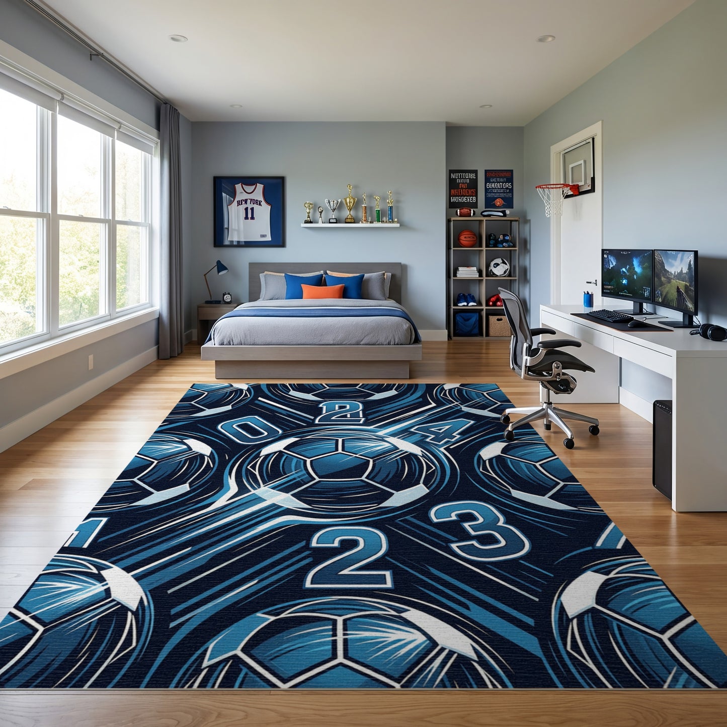 Bold Navy Soccer Balls Numbers Rug