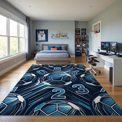 Bold Navy Soccer Balls Numbers Rug