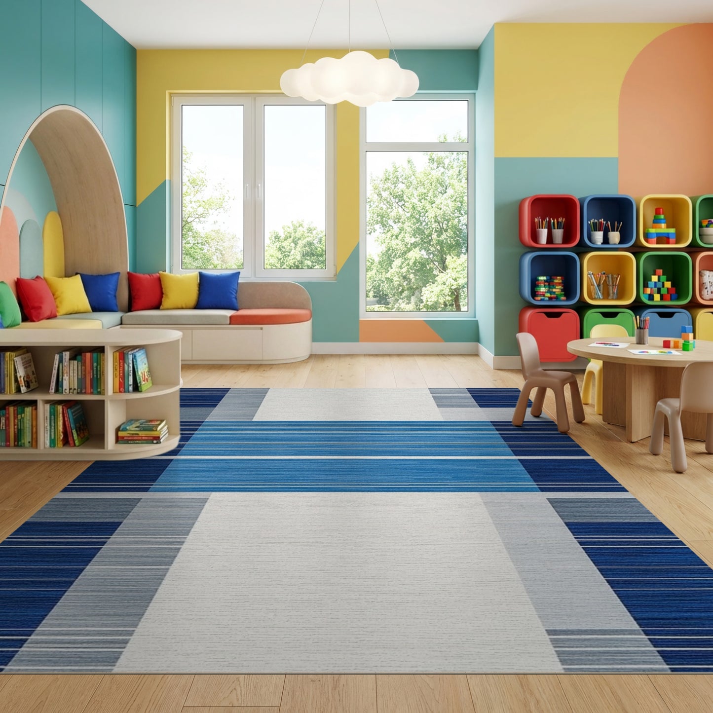 Modern Navy Gray Striped Geometric Rug