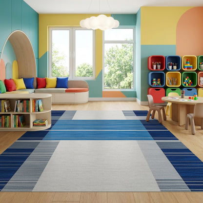 Modern Navy Gray Striped Geometric Rug