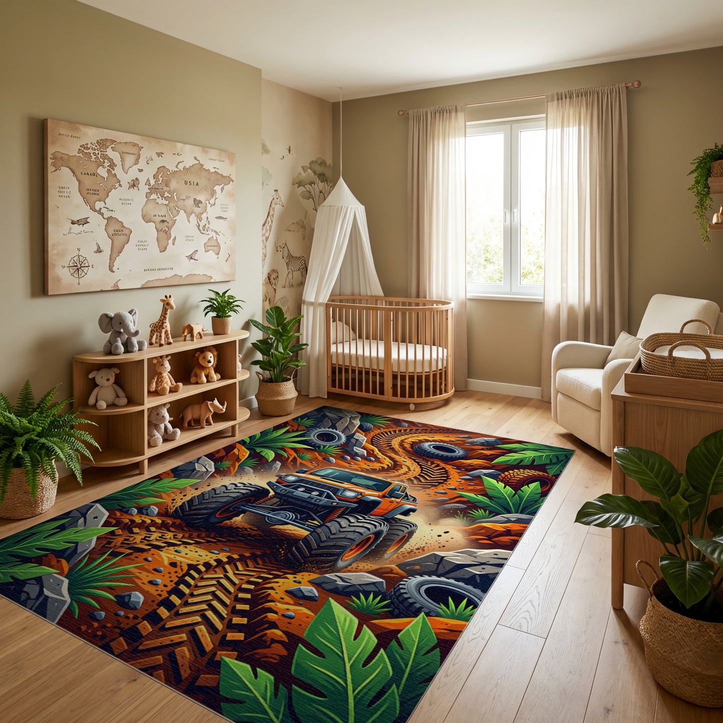 Vibrant Monster Truck Jungle Trail Rug
