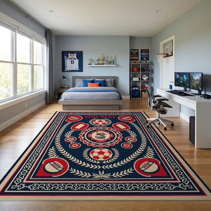 Vintage Navy Red Soccer Emblem Rug