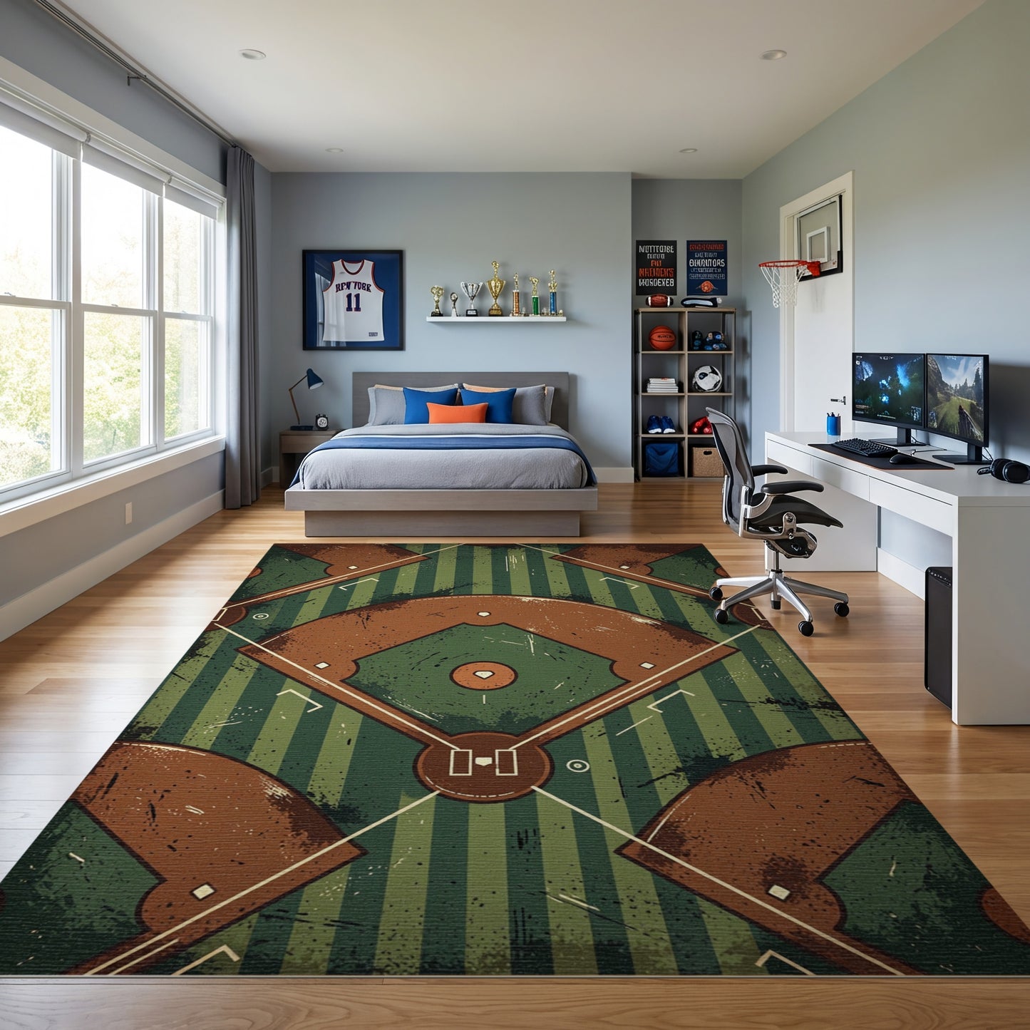 Vintage Distressed Baseball Diamond Pattern Rug