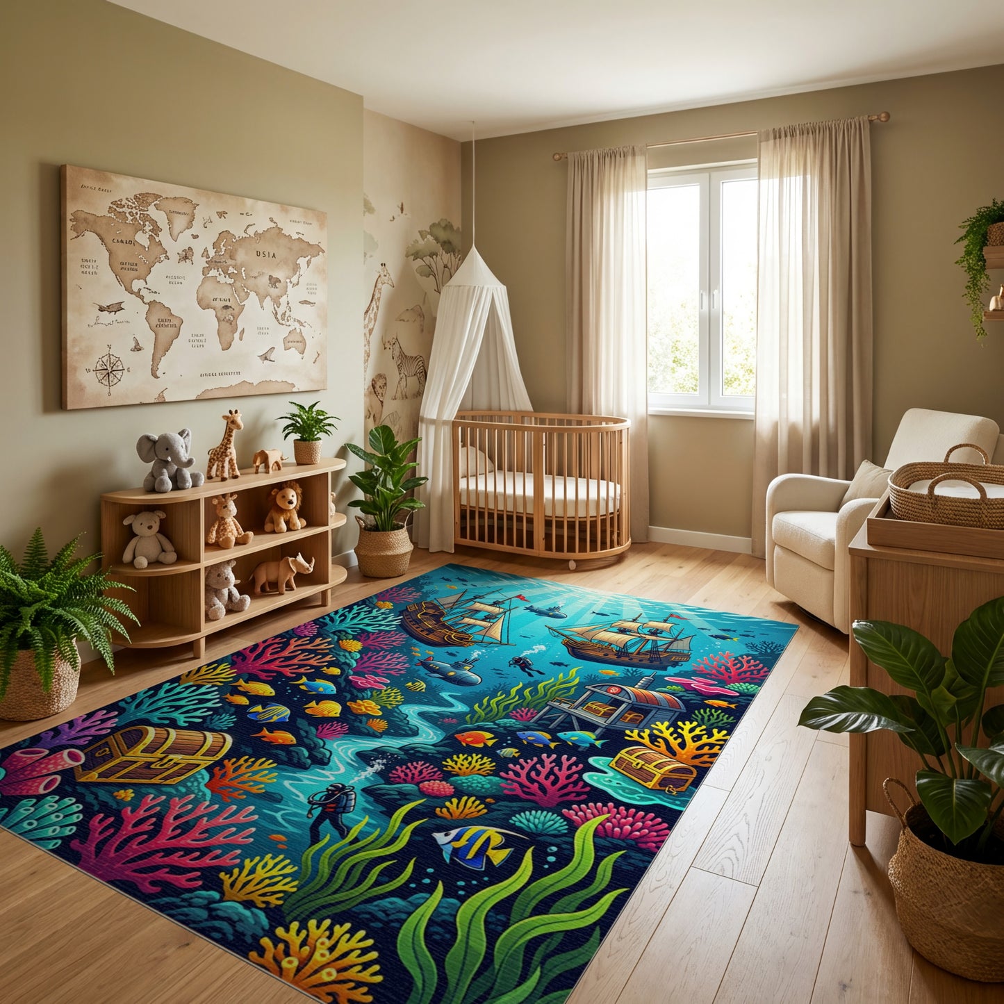 Vibrant Underwater Sunken Ships Coral Treasure Rug