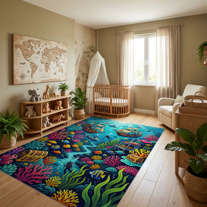 Vibrant Underwater Sunken Ships Coral Treasure Rug