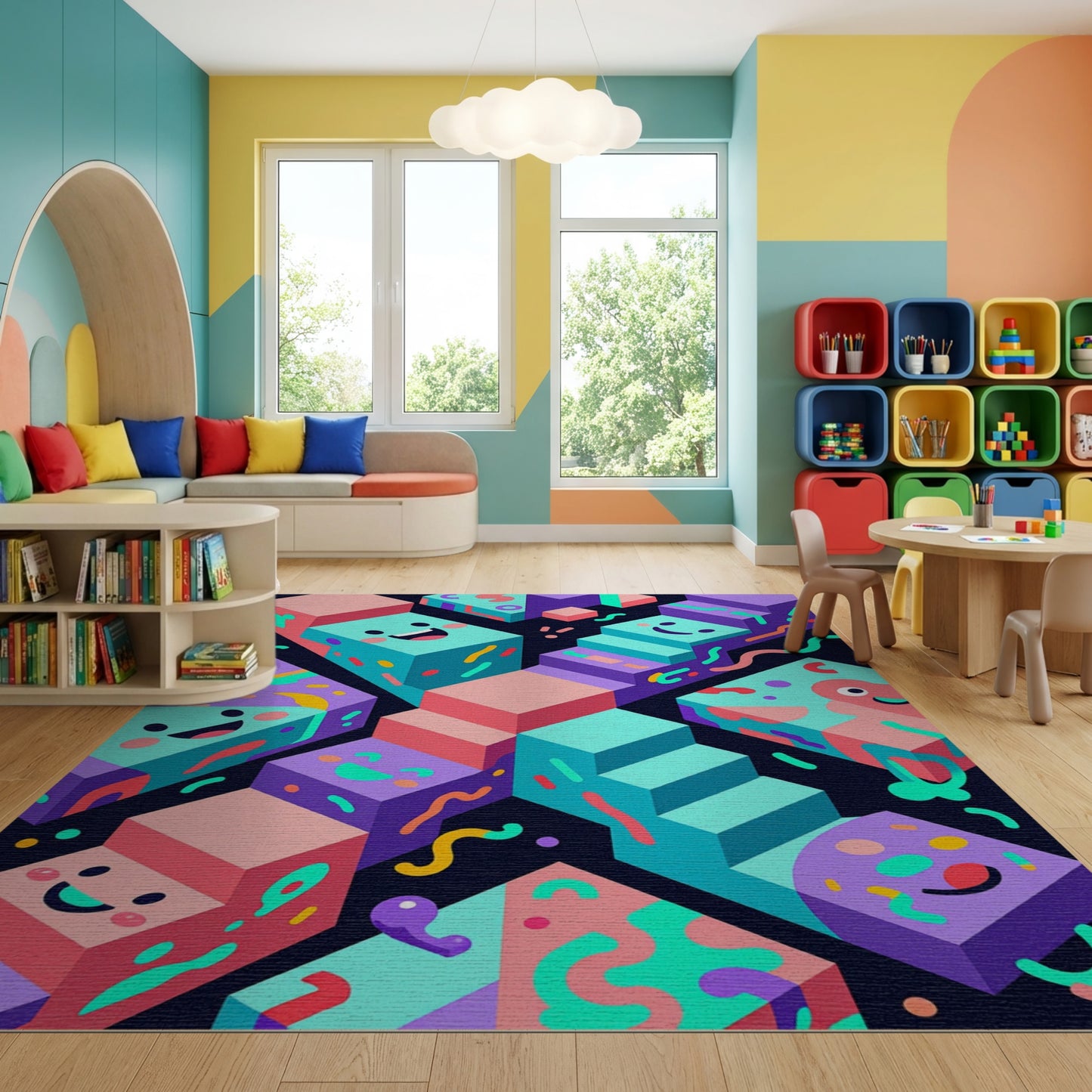 Playful Stacked Smiling Cubes Rug