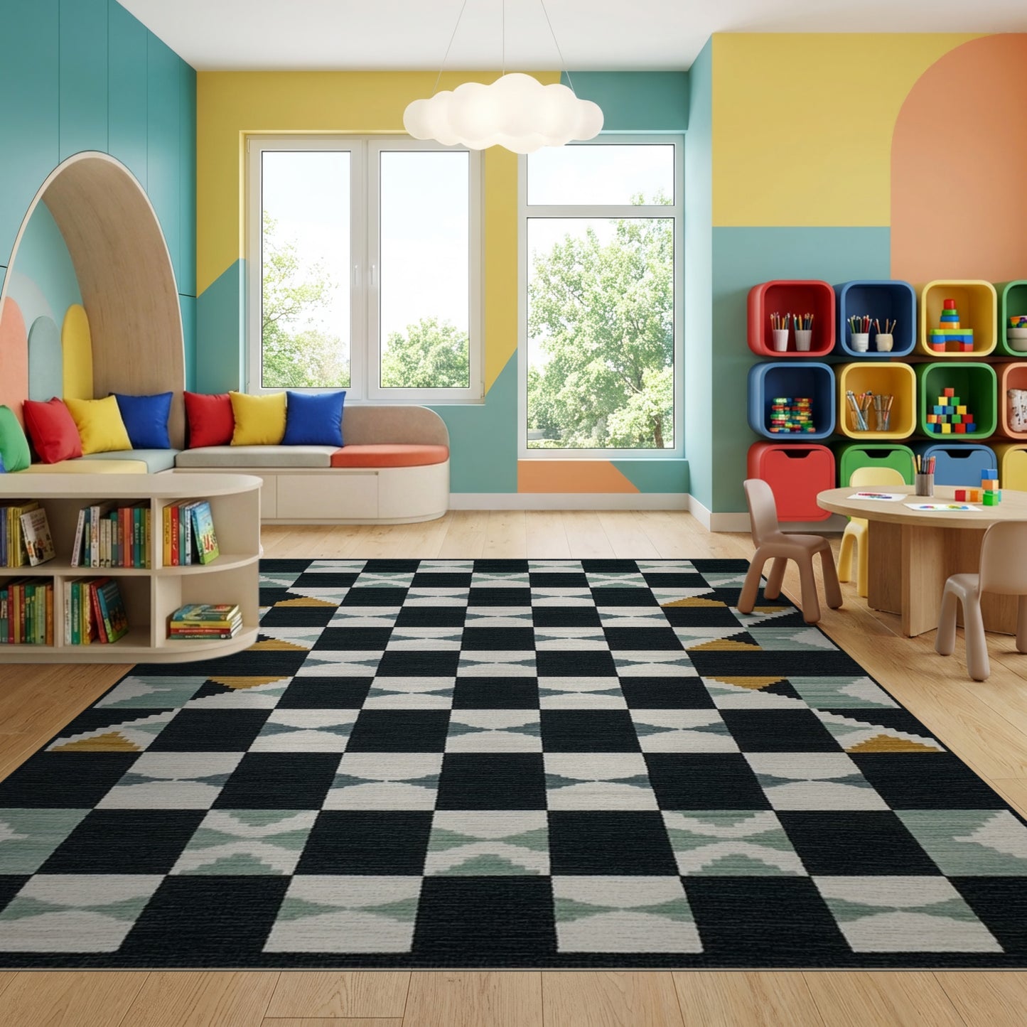 Modern Black Teal Geometric Diamond Rug