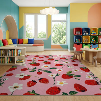 Whimsical Pink Strawberry Floral Rug