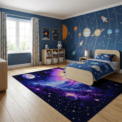 Vibrant Astronaut Nebula Stars Moon Rug
