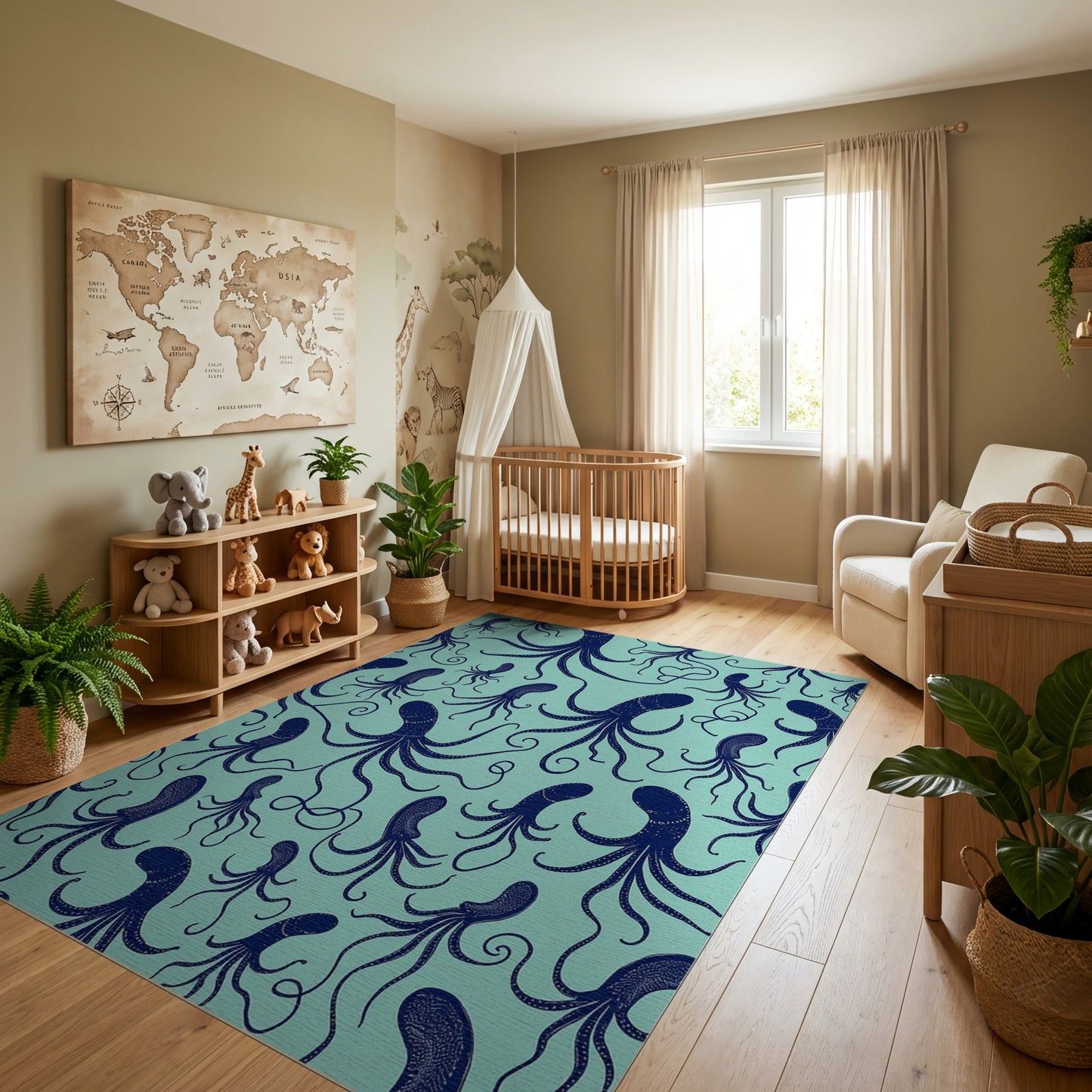 Teal Navy Octopus Tentacles Whimsical Rug