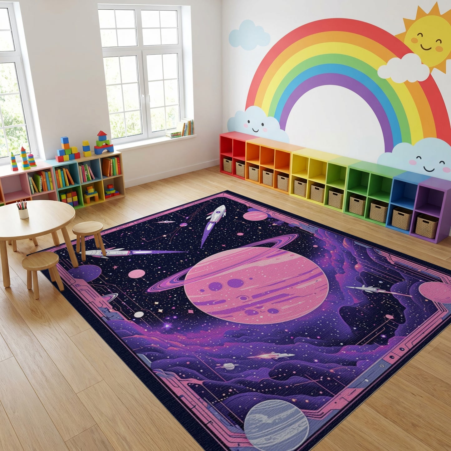 Pink Saturn Rockets Cosmic Nebula Rug