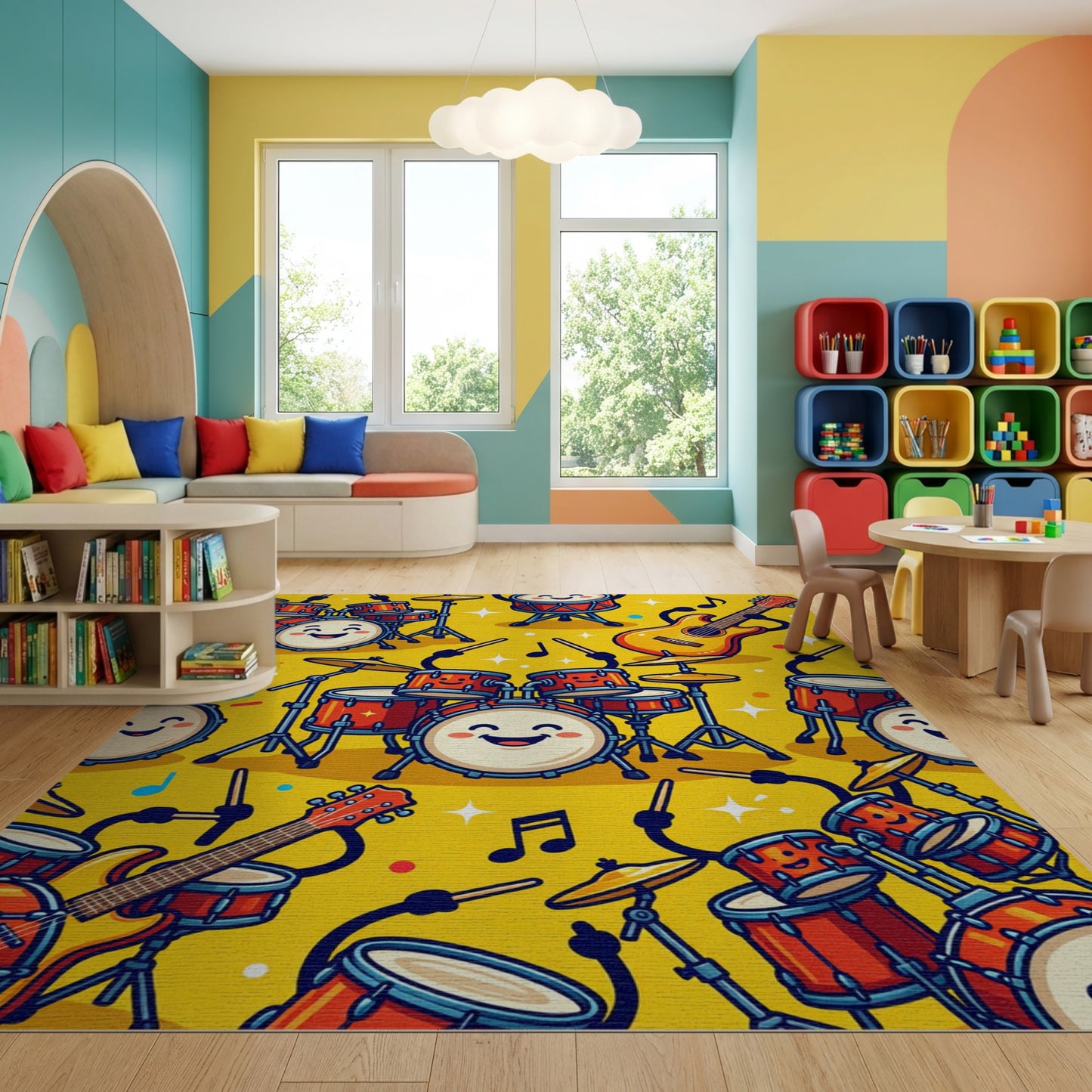 Playful Smiling Drums Guitars Notes Rug