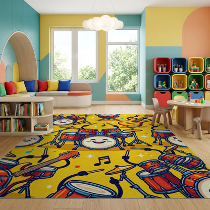 Playful Smiling Drums Guitars Notes Rug