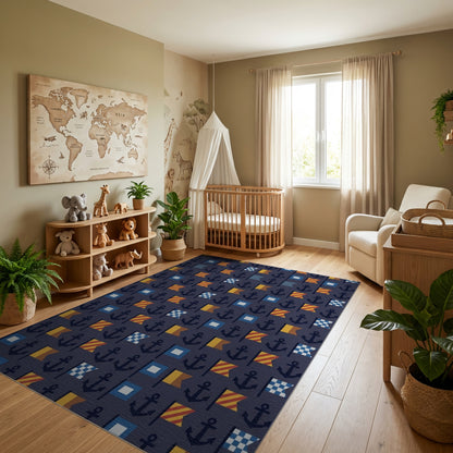 Navy Nautical Anchors Flags Rug