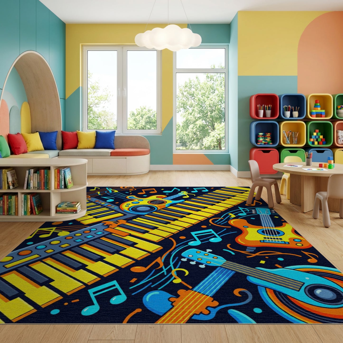 Vibrant Yellow Guitars Keyboards Notes Rug