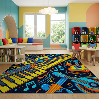 Vibrant Yellow Guitars Keyboards Notes Rug