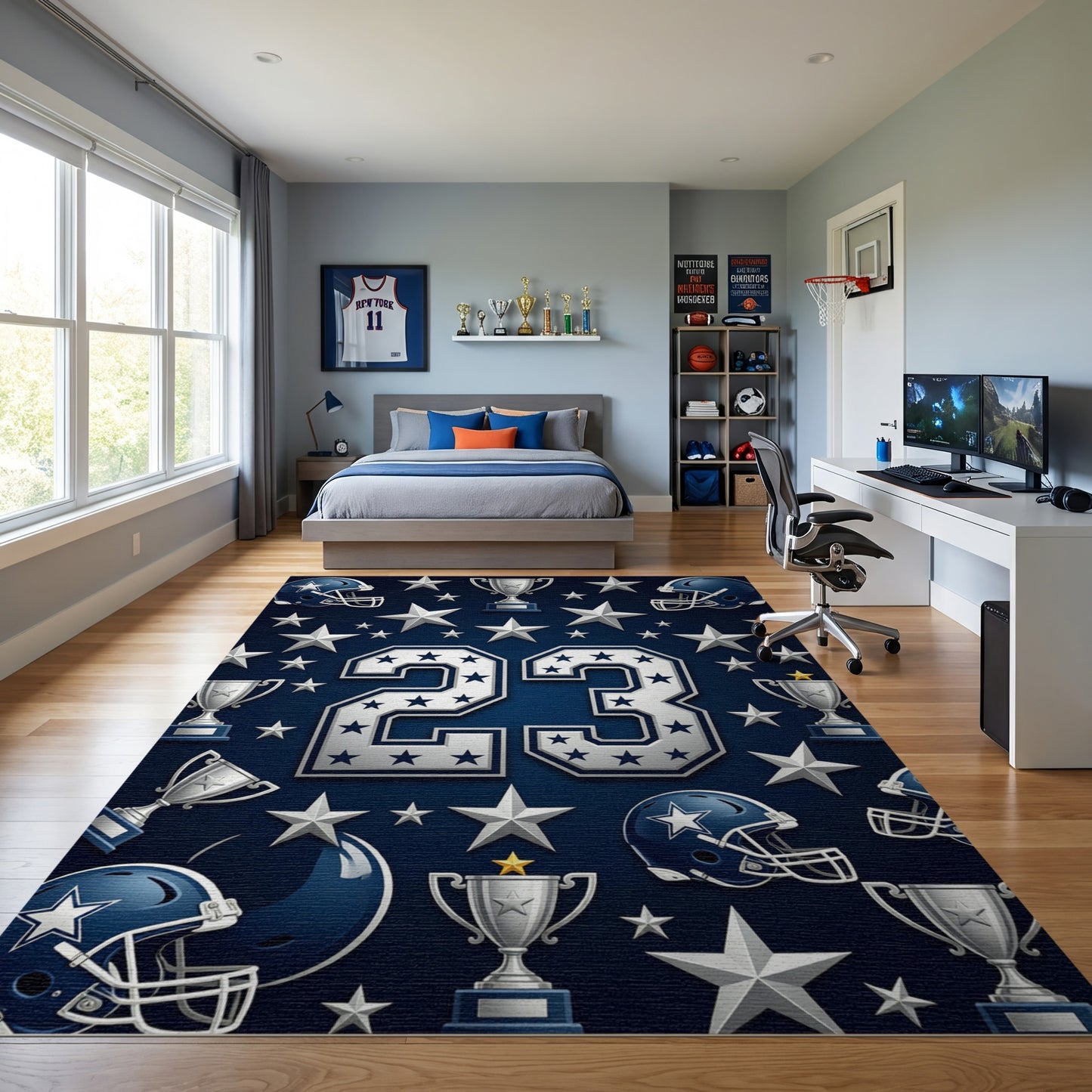 Navy Silver 23 Helmets Stars Trophies Rug