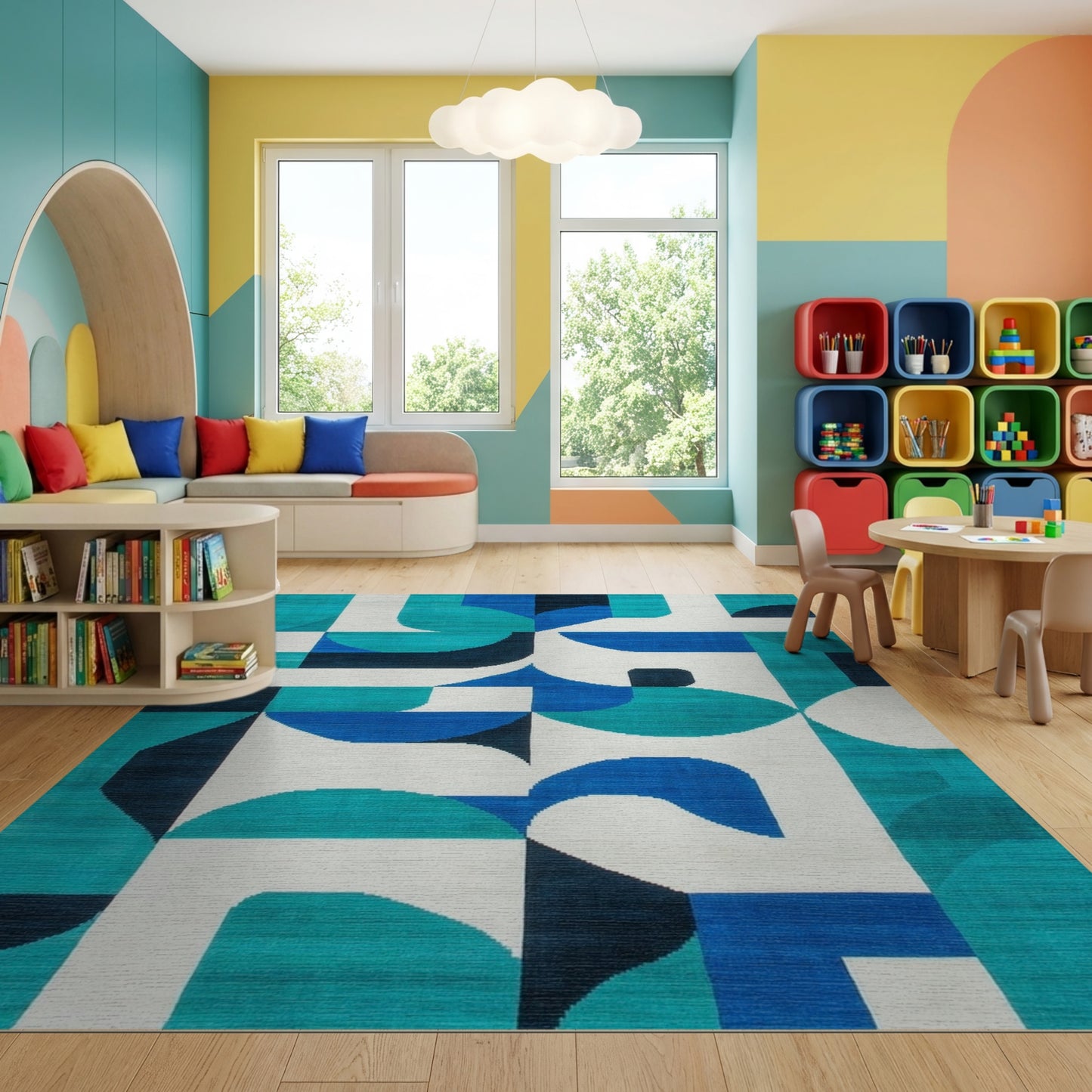 Teal Navy Abstract Geometric Rug